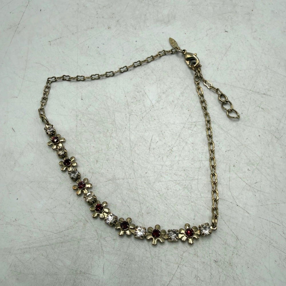 Avon Gold Tone Red Clear Rhinestone Flower Charm Chain Bracelet Adjustable